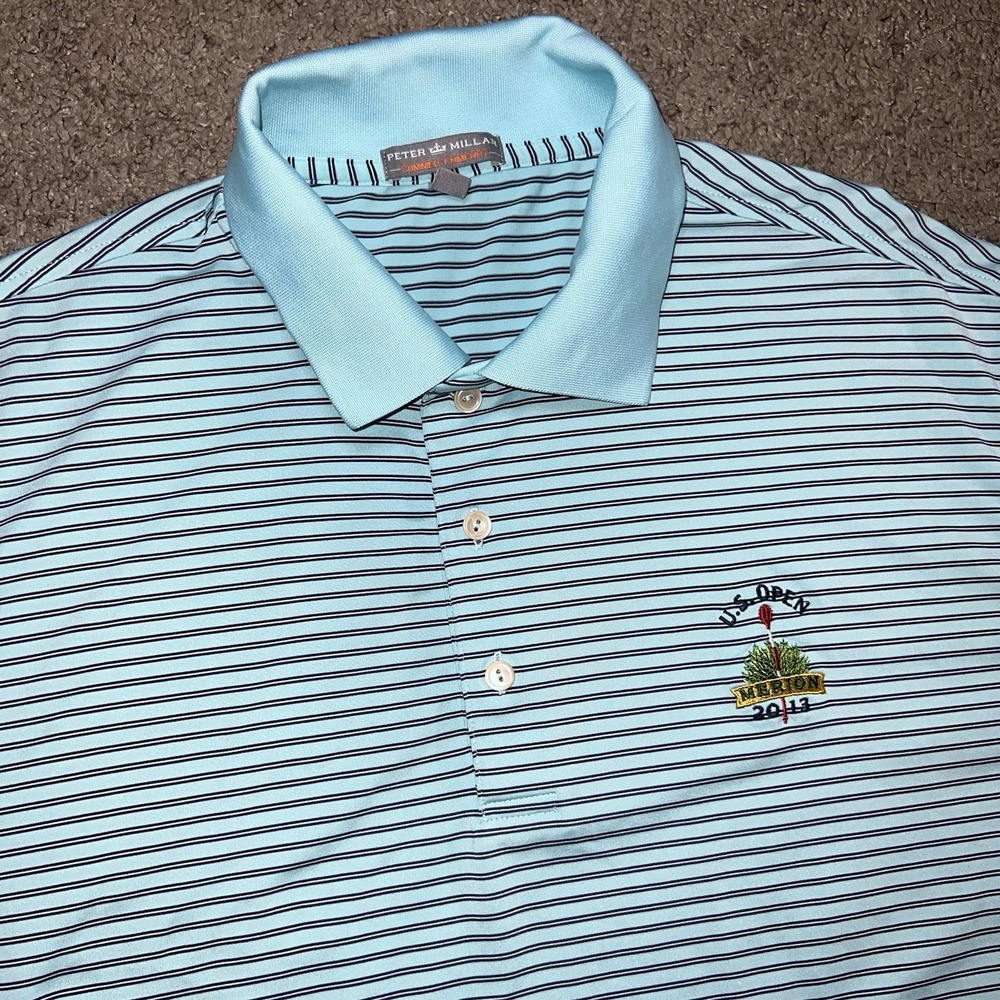 Peter Millar Men's Large Blue Striped Polo Embroidered 2013 U.S. Open Merion